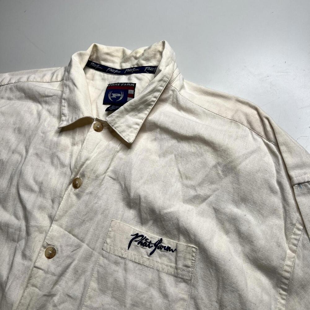 Phat Farm Shirt Mens 2XL White Cotton Linen Short Sleeve Button Up Logo Casual - Picture 2 of 6